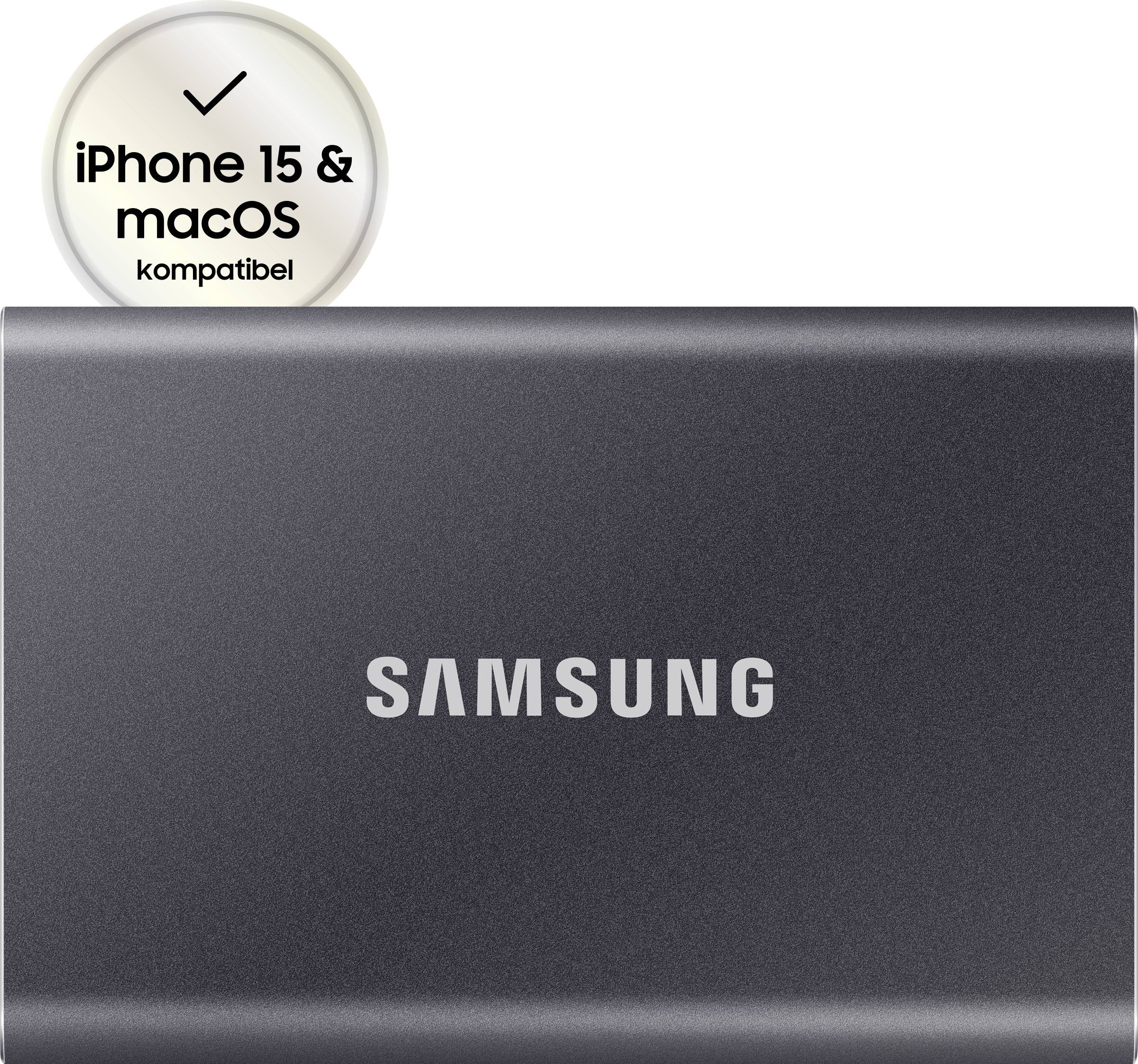 Externe Festplatte von Samsung in schwarzer Farbe, kompatibel mit iPhone 15 und macOS, geeignet für zusätzliche Datenspeicherung.