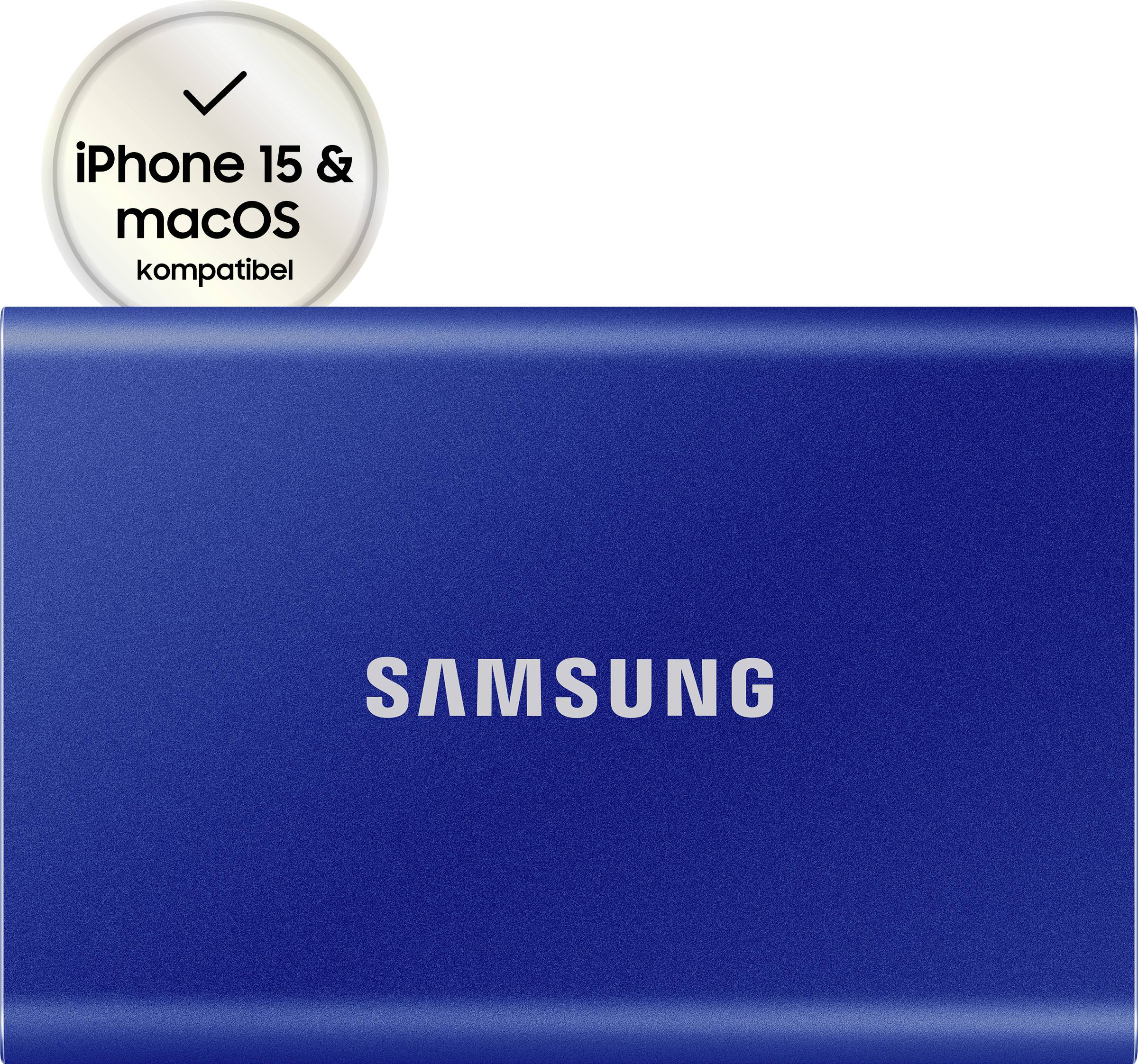 Externe blaue Samsung Festplatte, kompatibel mit iPhone 15 und macOS.