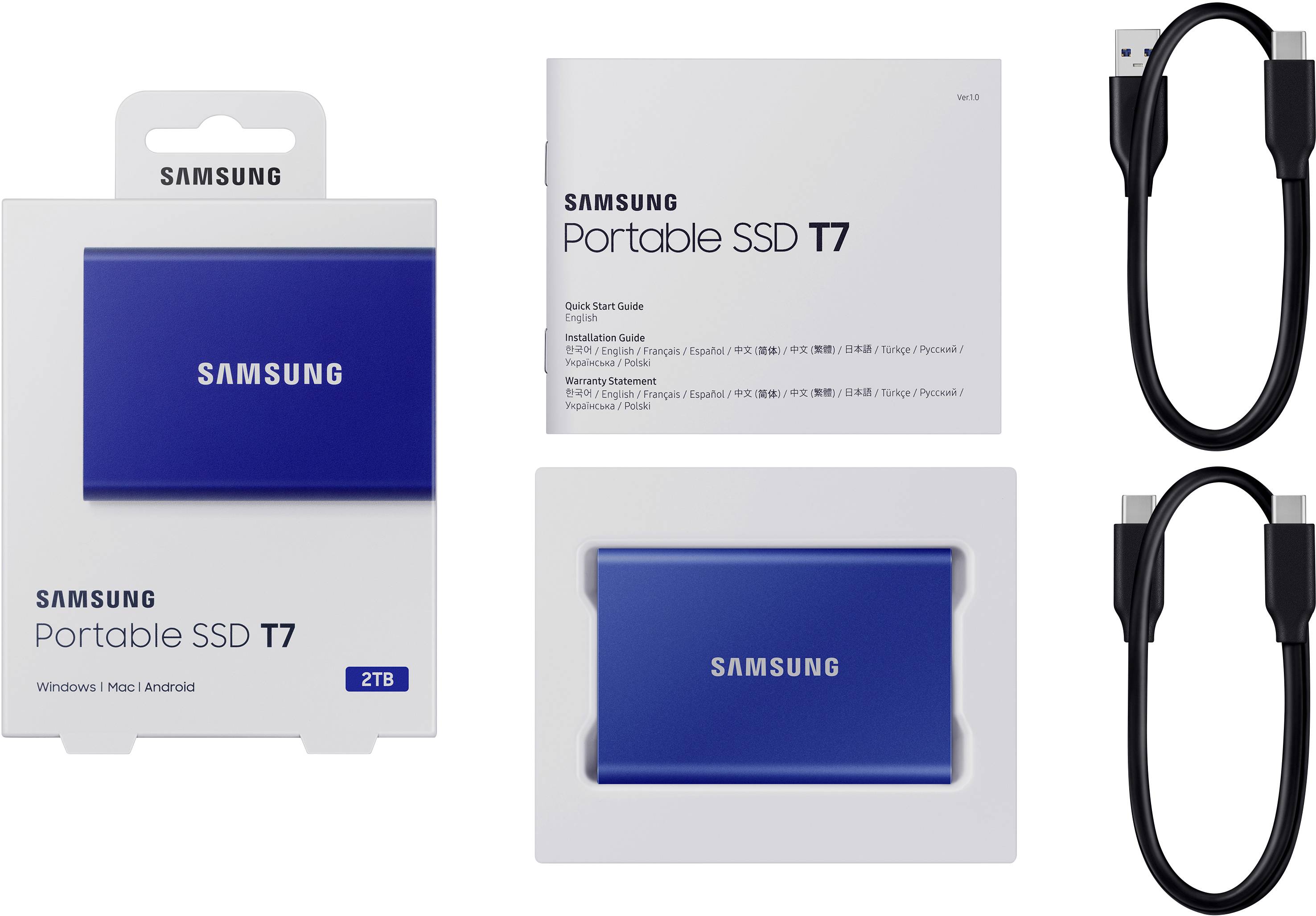 'Portable SSD T7 2TB' von Samsung, inklusive Verpackung, blauer SSD, USB-Kabeln und Anleitung, geeignet für Windows, Mac und Android.