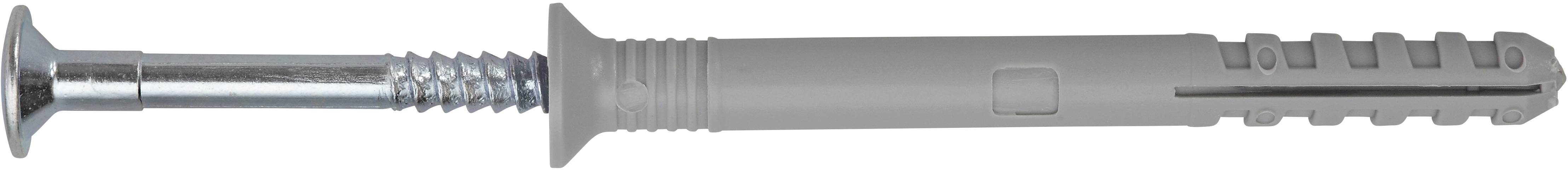 Grauer Nagel-Dübel für Beton, bestehend aus einem Metallstift und einem Kunststoffdübel, geeignet für schwere Befestigungen in festen Materialien.