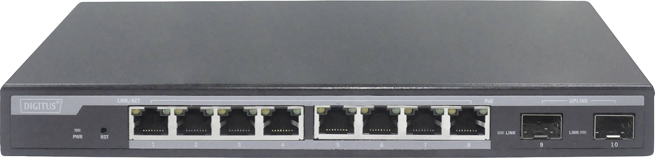Netzwerk-Switch mit acht Ethernet-Ports und zwei SFP-Ports, geeignet für Büro- und Unternehmensnetzwerke.