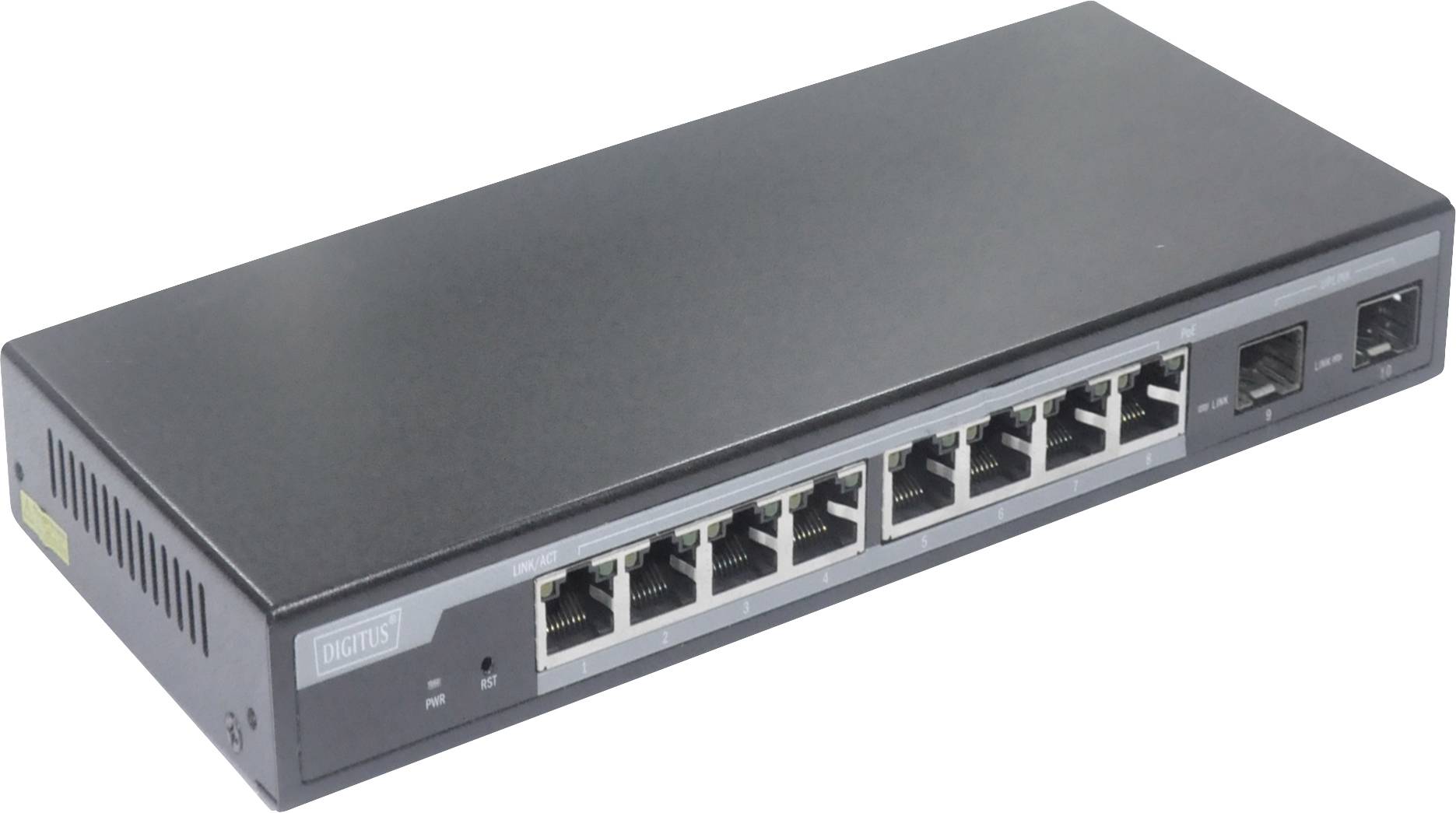 Ein schwarzer Ethernet-Switch mit acht LAN-Ports und zwei Glasfaseranschlüssen, geeignet für Netzwerkverbindungen in Büroumgebungen.