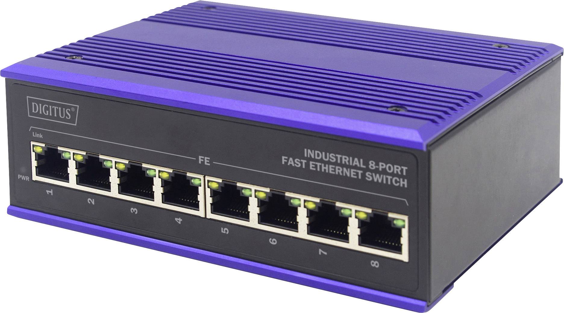 Ein industrieller 8-Port Fast Ethernet Switch mit blauer Abdeckung und schwarzem Gehäuse, geeignet für Netzwerkanwendungen.