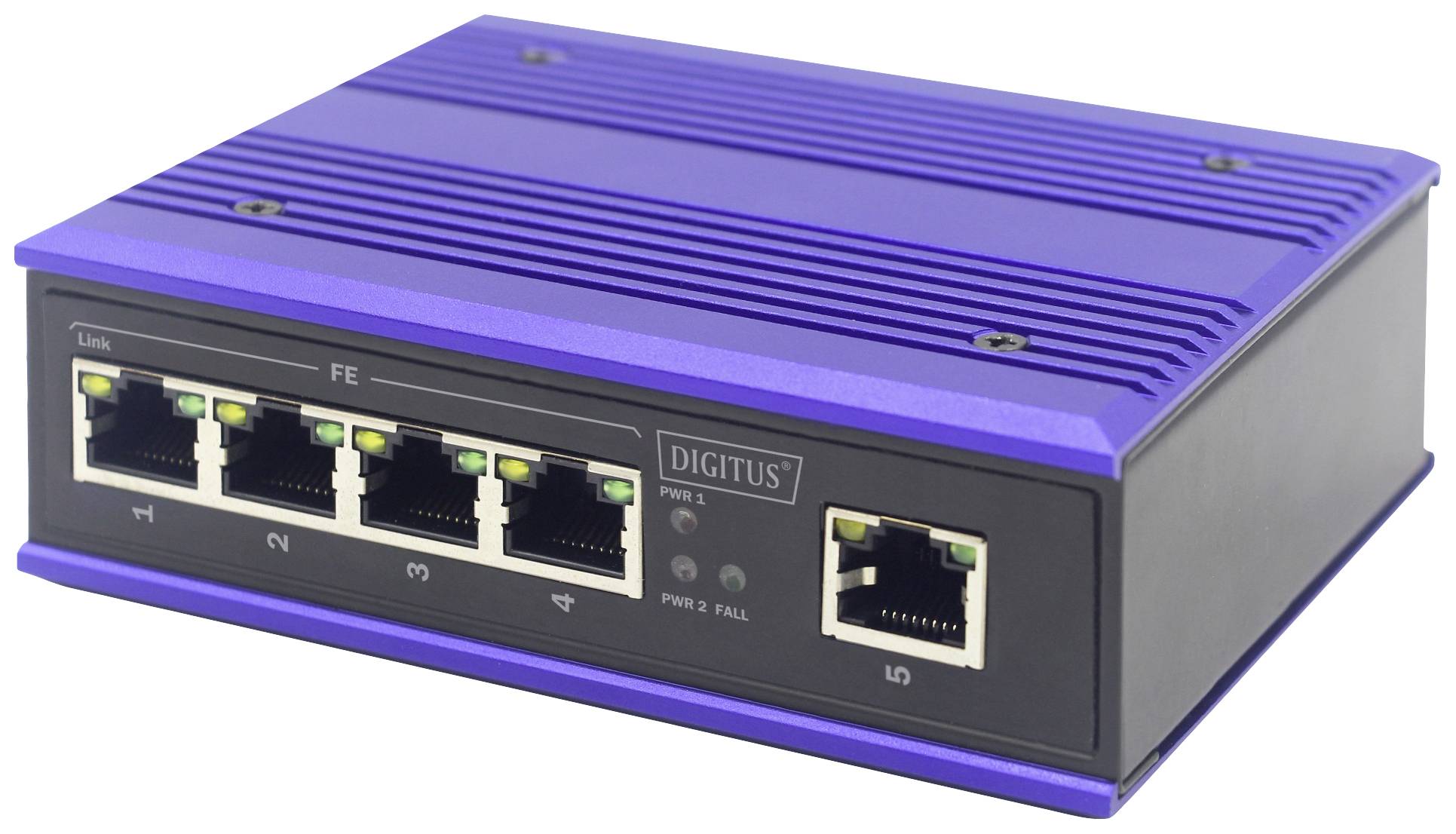 Blauer Netzwerkswitch mit fünf Ethernet-Ports an der Vorderseite, geeignet zur Verbindung mehrerer Computer oder Geräte in einem Netzwerk.
