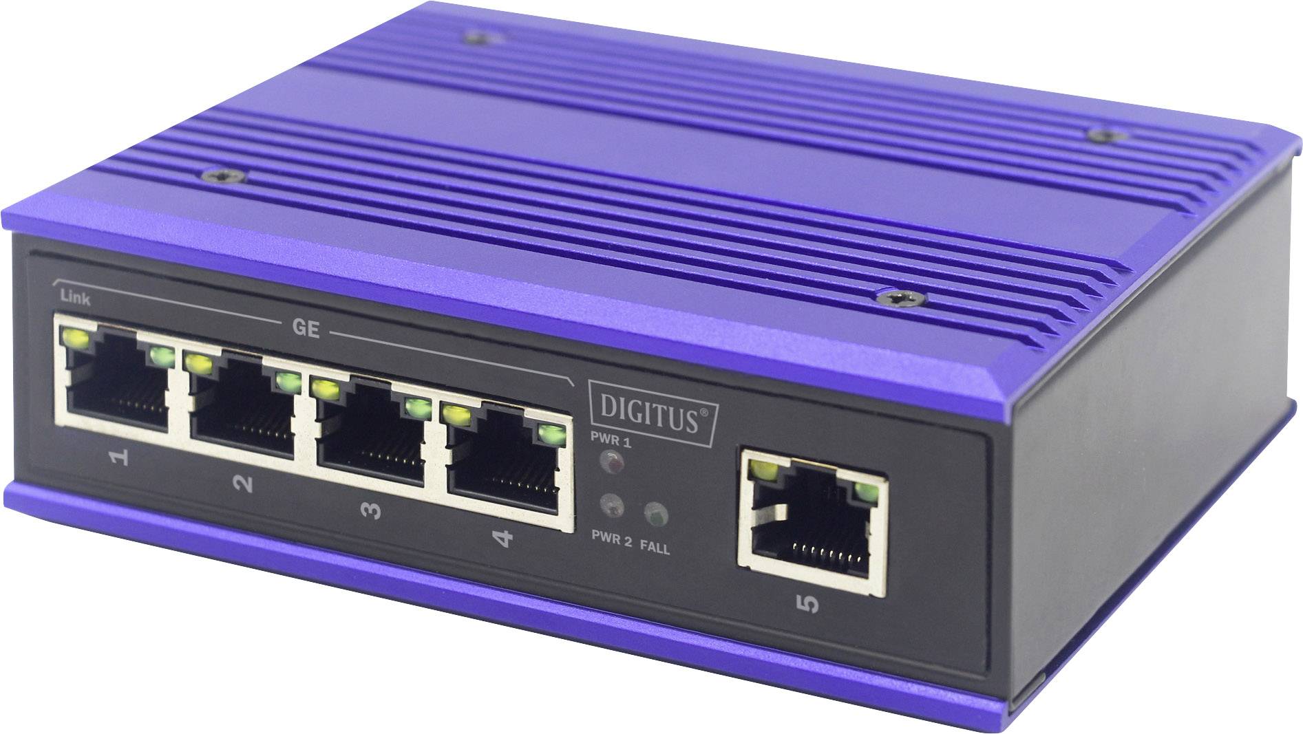Ein blauer Netzwerk-Switch mit fünf Ethernet-Ports, ideal für die Verbindung mehrerer Geräte in einem Computernetzwerk.
