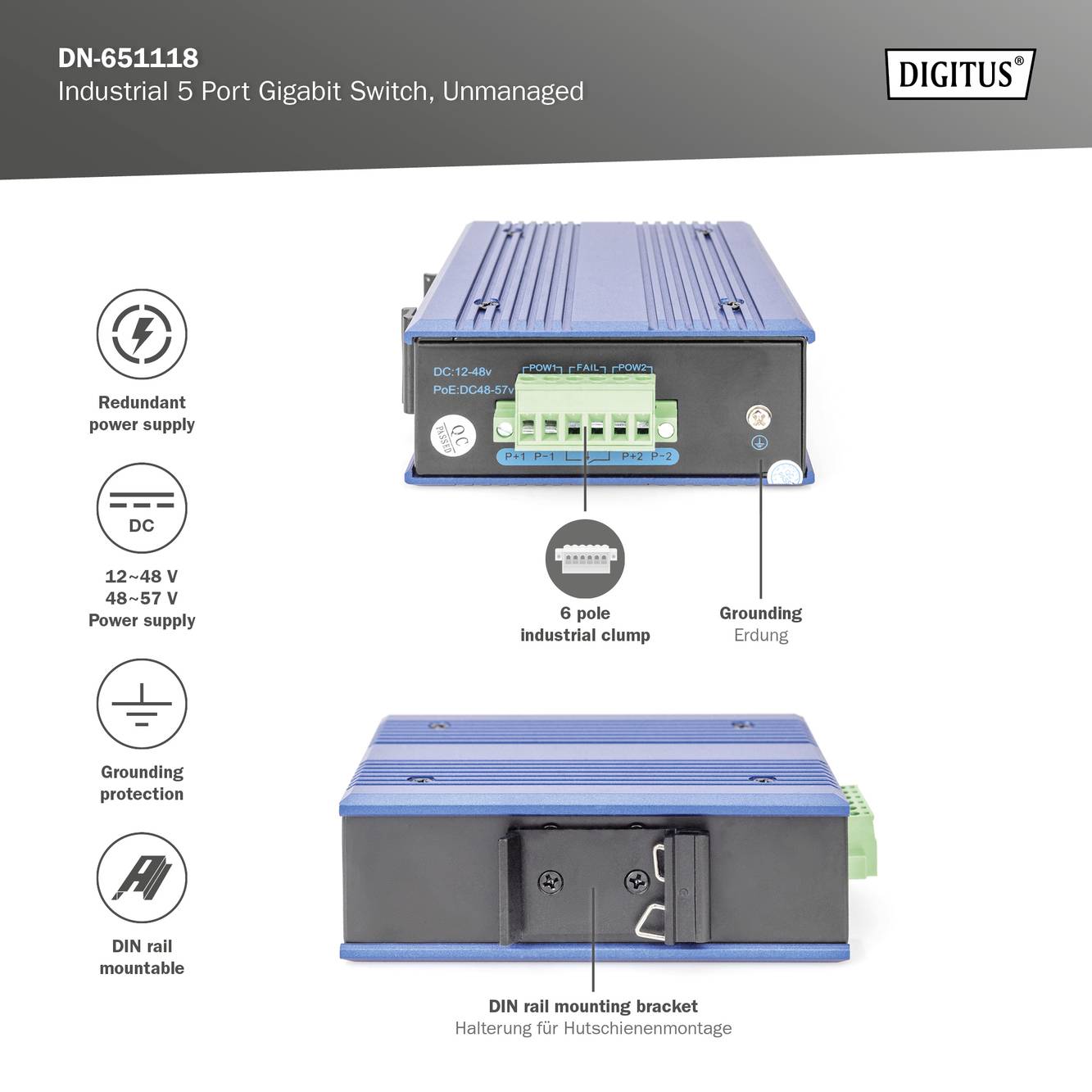 'DN-651118 Industrial 5 Port Gigabit Switch, Unmanaged' zeigt Gerät mit Anschlüssen, Beschreibung technischer Merkmale, und Montageoptionen.
