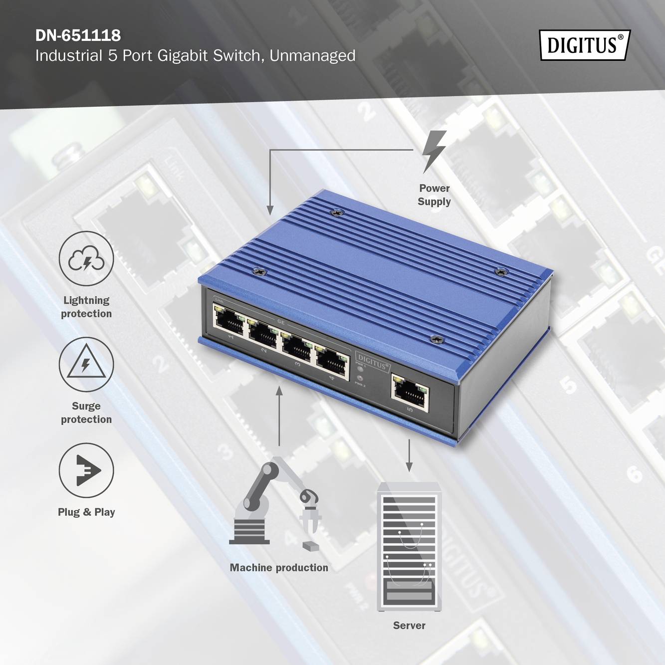 Industrieswitch DN-651118 mit 5 Ports. Funktionen: Blitzschutz, Überspannungsschutz, Stromversorgung.