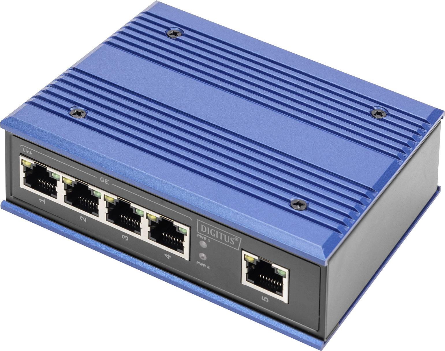 Blauer Netzwerk-Switch mit fünf Ethernet-Ports auf der Vorderseite, geeignet für industrielle Anwendungen.