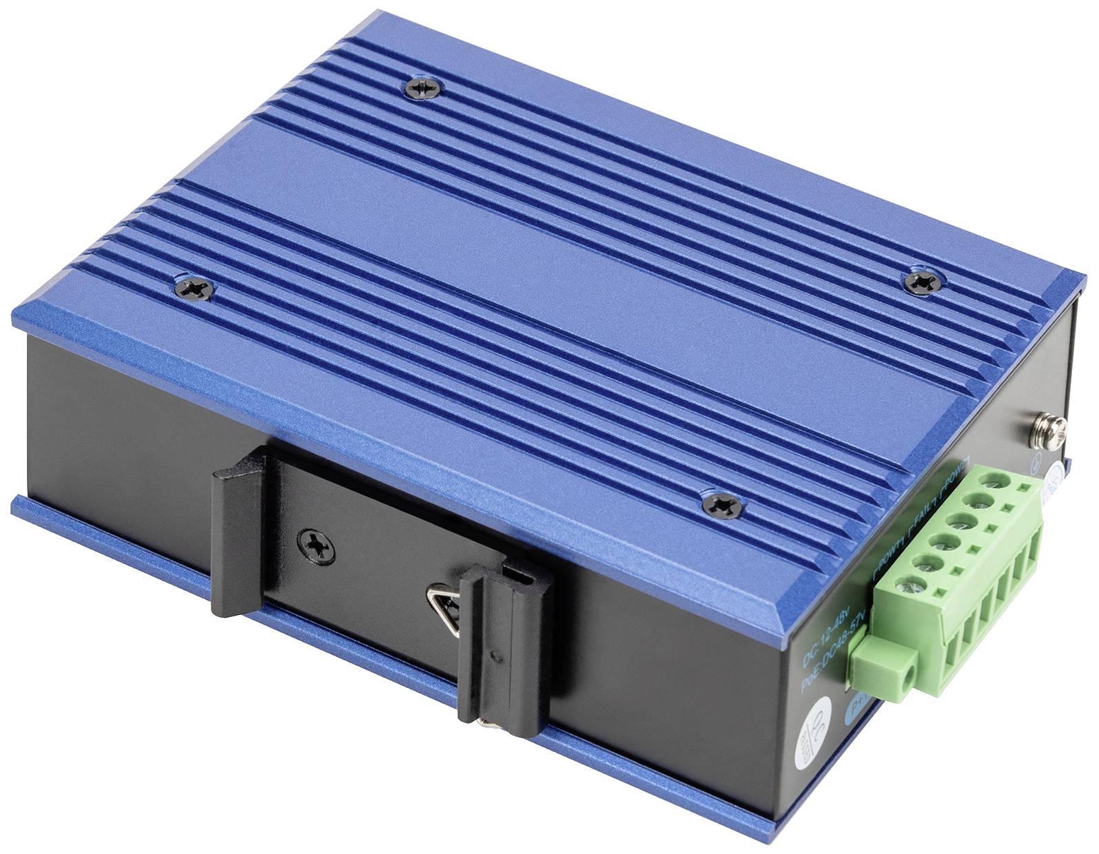 Ein rechteckiges, blaues elektronisches Gerät mit Lüftungsrillen, einer schwarzen Basis und einem grünen Anschlussblock auf der rechten Seite.