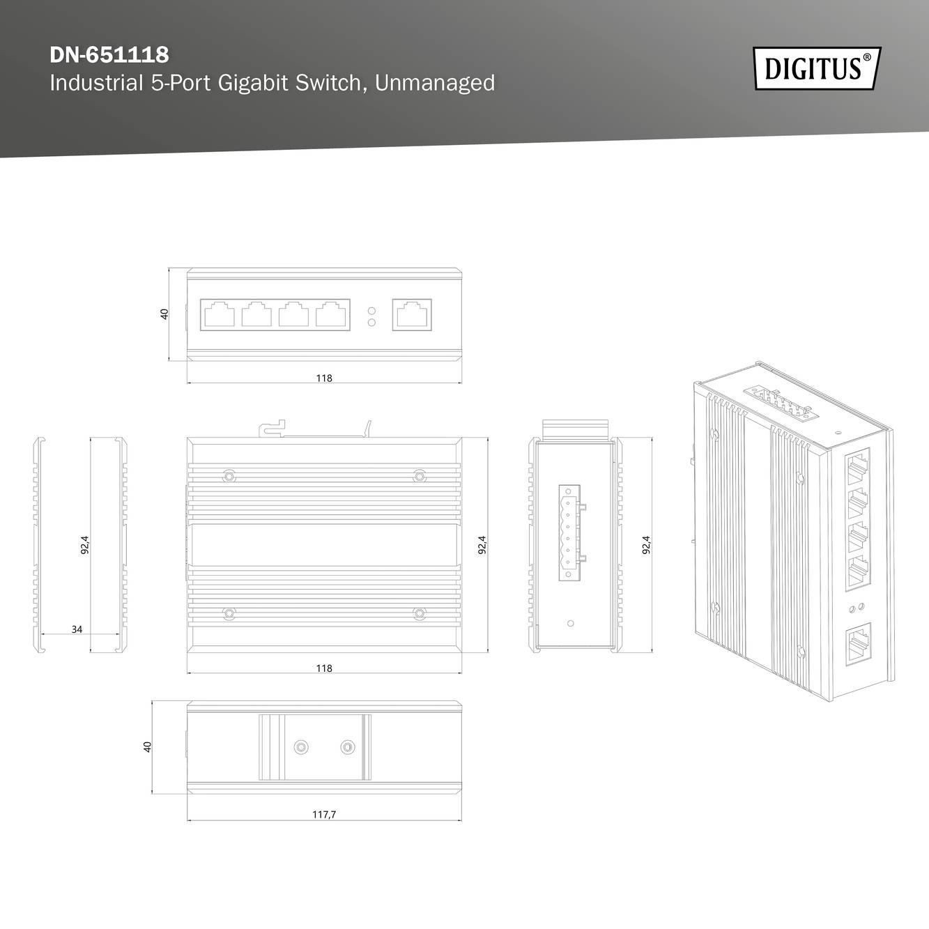 Industrieller 5-Port-Gigabit-Switch, unverwaltet. Zeichnung zeigt Abmessungen in mm: Länge 118, Höhe 28, Tiefe 84. Modell DN-651118.