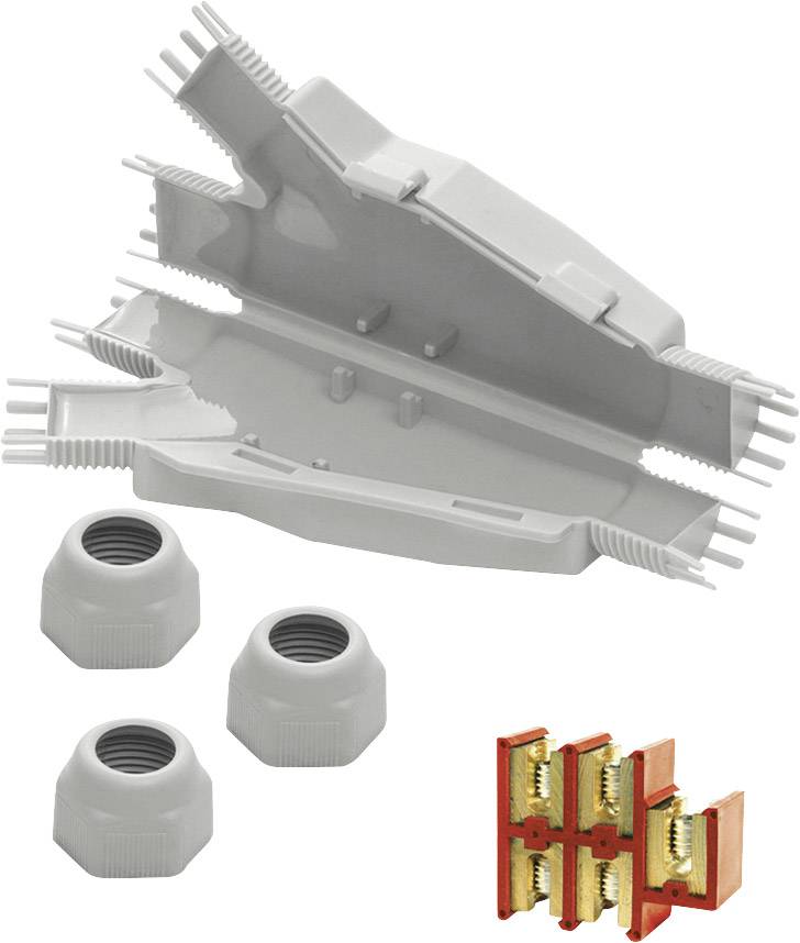 Graues Kunststoffgehäuse mit drei Kabelverschraubungen und roten Klemmen, zur elektrischen Verbindung und Isolation von Leitungen.