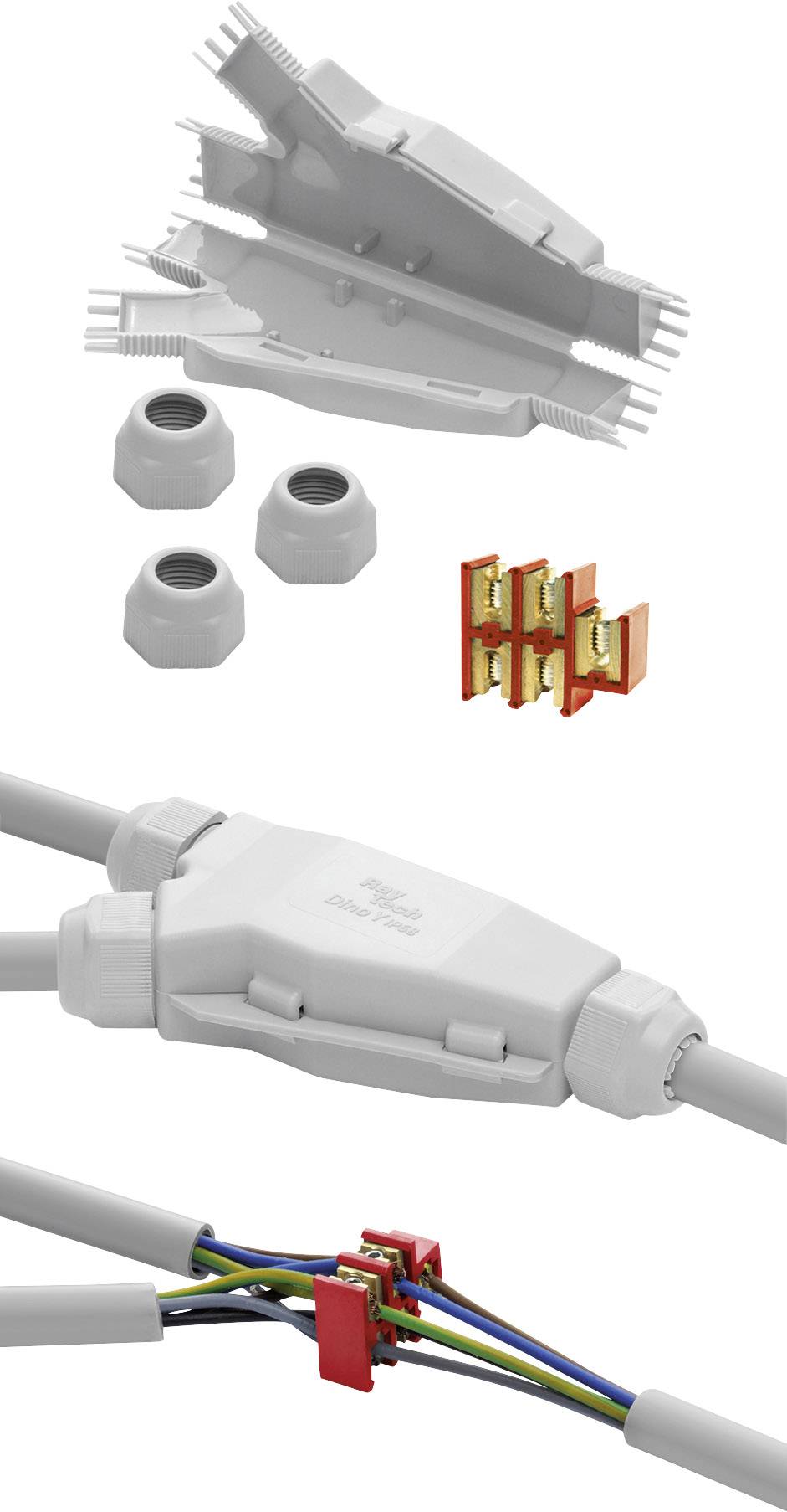 Elektrische Verbindungskomponenten, darunter Klemmen und Schutzabdeckungen, für sichere Verkabelungen in technischen Installationen.