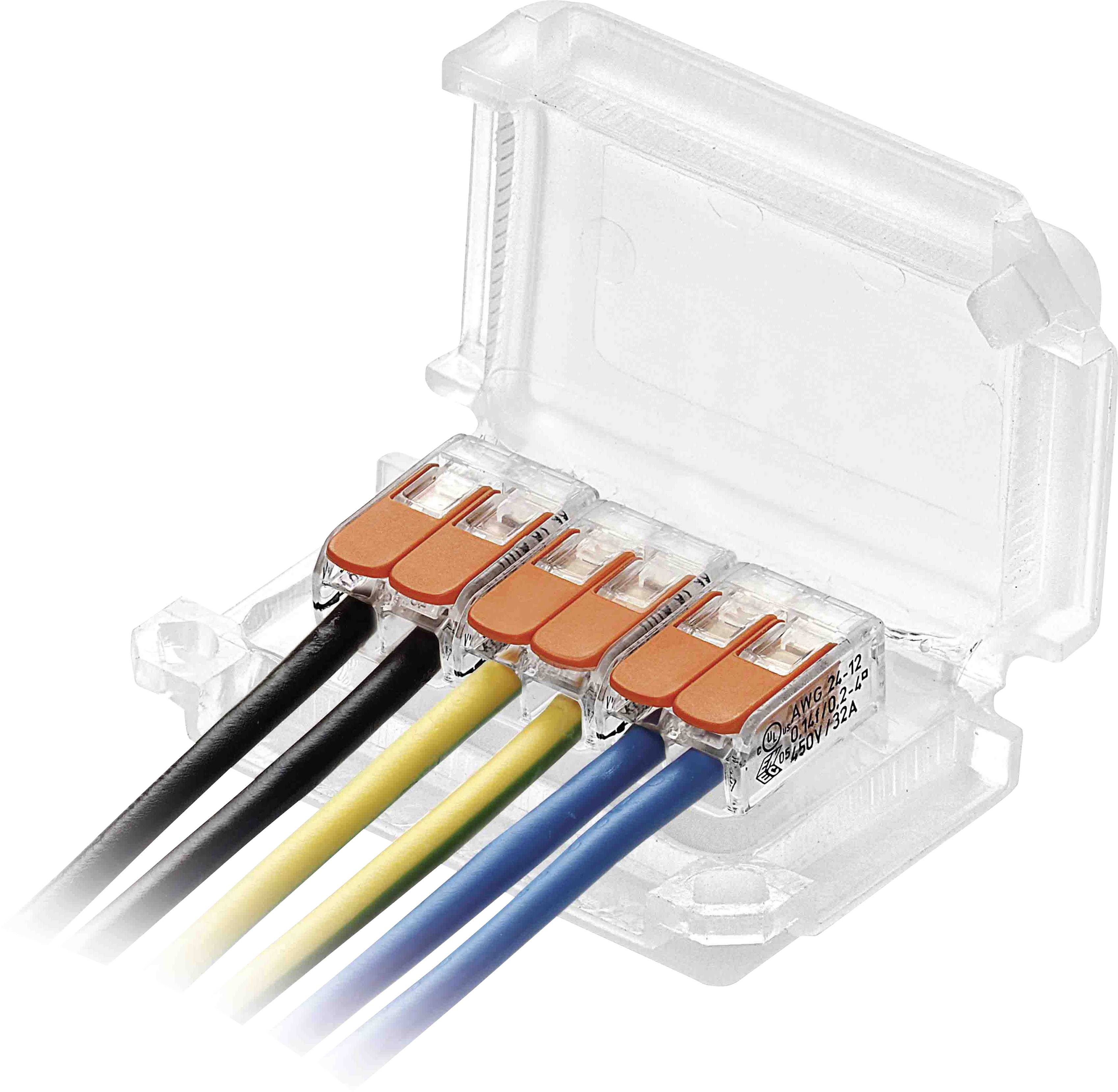 Vier farbige Drähte (schwarz, gelb, blau, grün) sind in einem transparenten Kabelverbinder eingelegt, Deckel ist geöffnet.