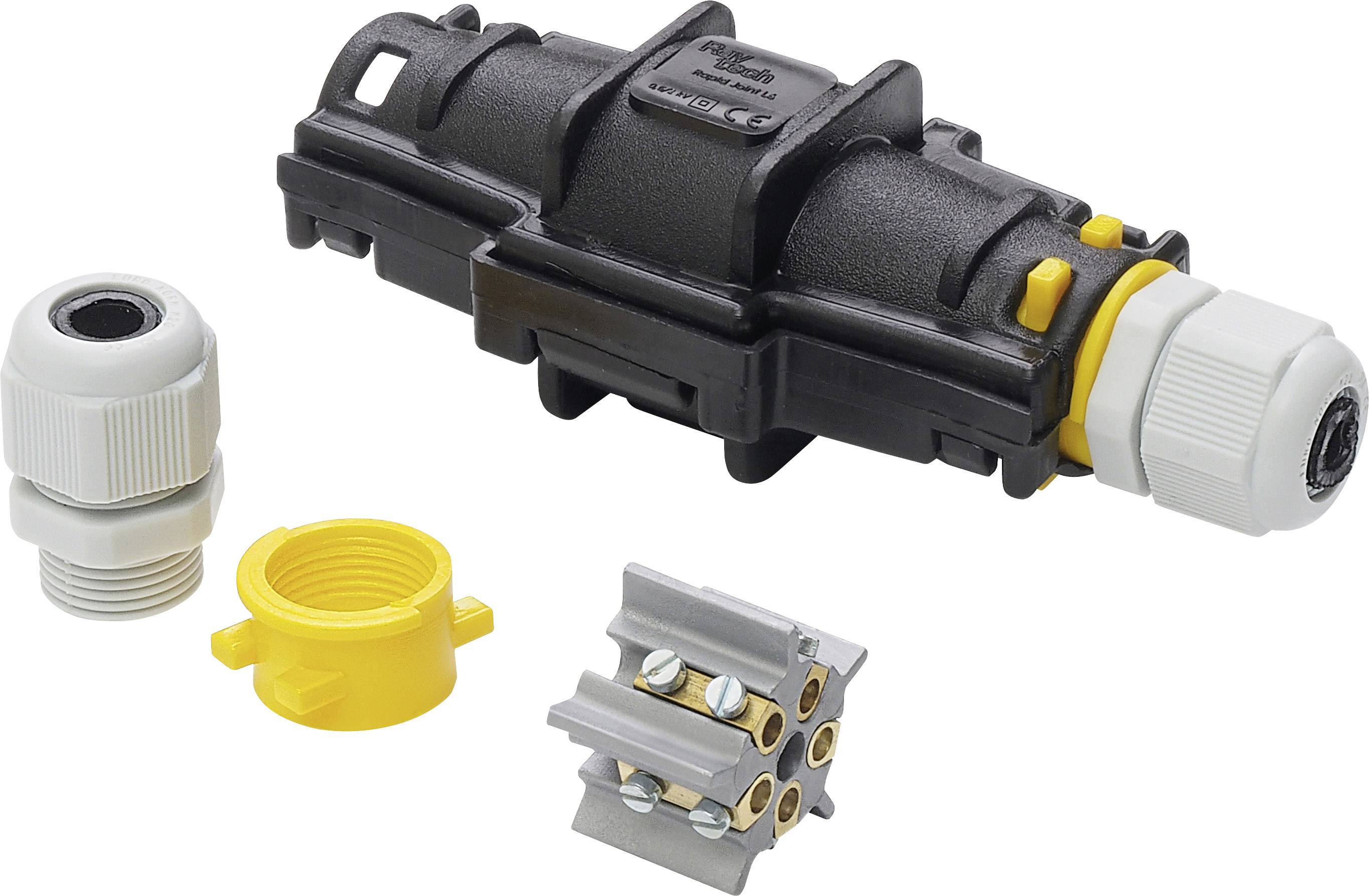 Elektrische Kabelverbindung mit schwarzen und gelben Kunststoffteilen, Kabelverschraubung, Verbindungsklemmen und Abdichtungsring.