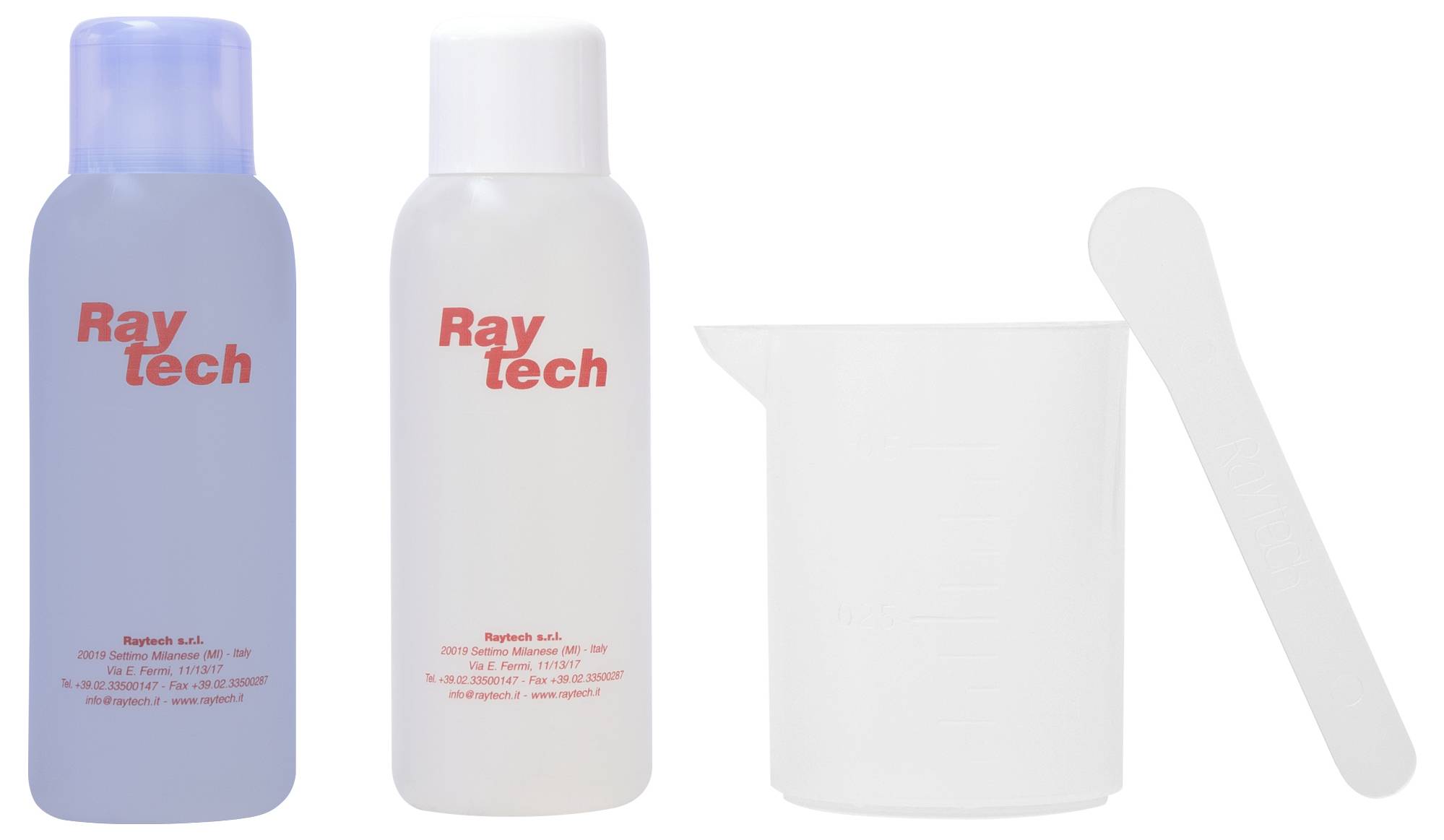 Zwei Raytech-Shampoofläschchen, eines blau und eines weiß, neben einem weißen Mischbecher und einem Rührstab.