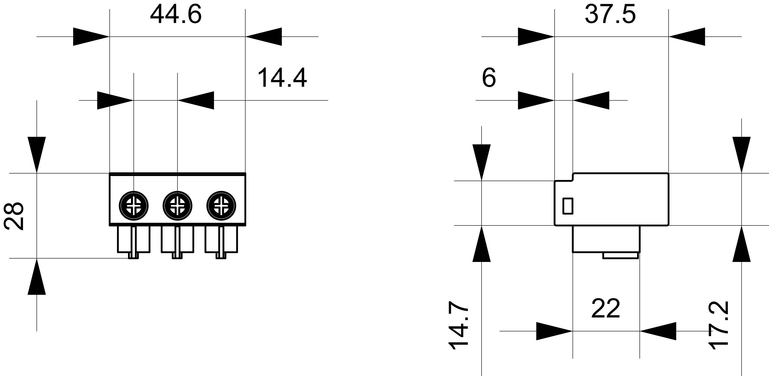 Technische Zeichnung eines rechteckigen Steckverbinders mit Maßen: Breite 44,6 mm, Höhe 28 mm, Tiefe 14,4 mm. Seitenansicht zeigt zusätzliche Maße.