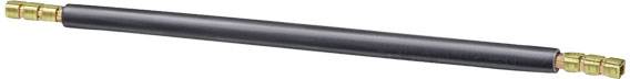 Schwarzer Schlauch mit Messinganschlüssen an beiden Enden; wird für hydraulische oder pneumatische Verbindungen verwendet.