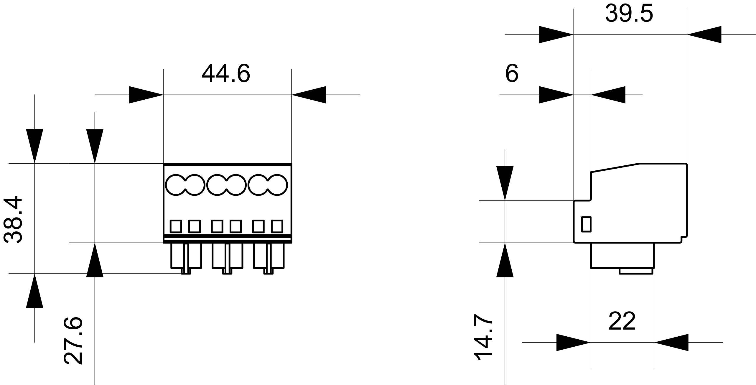 Technische Zeichnung eines Steckverbinders mit Abmessungen: Breite 44,6 mm, Höhe 38,4 mm, Tiefe 39,5 mm, Anschluss 27,6 mm.