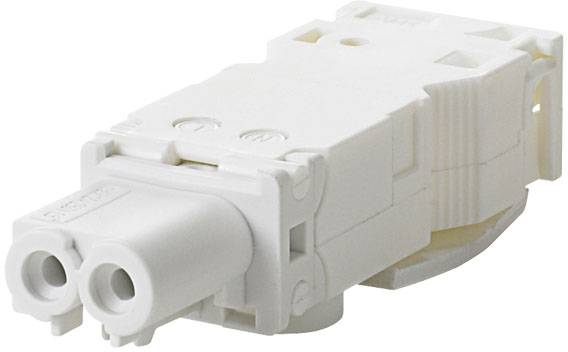 Ein weißer, rechteckiger Elektrokabelstecker mit zwei sichtbaren Buchsen, auf einer flachen Oberfläche liegend.