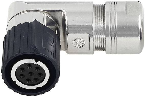 Metallischer Winkelstecker mit schwarzer Gummiisolierung und mehreren Stiftanschlüssen, wahrscheinlich für elektrische Verkabelung.