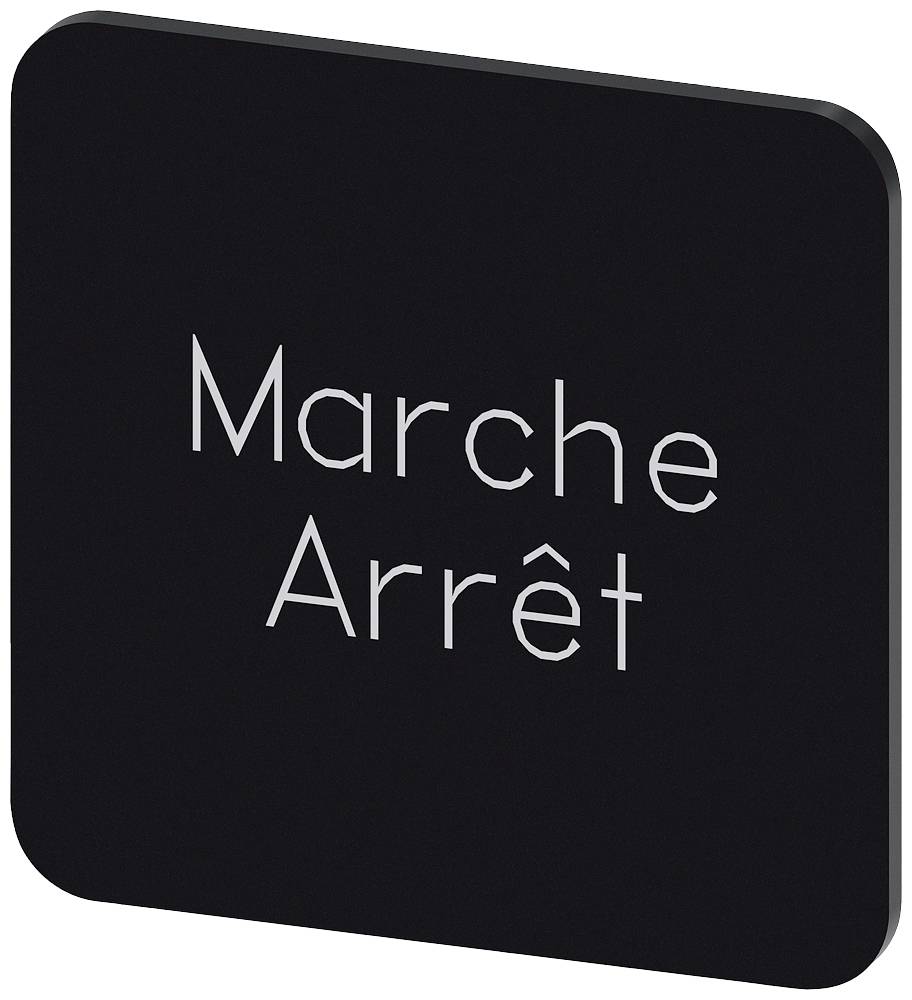 Schwarzes Quadrat mit den weißen Worten 'Marche Arrêt', was auf Französisch 'Ein' und 'Aus' bedeutet, oft auf Schaltern verwendet.
