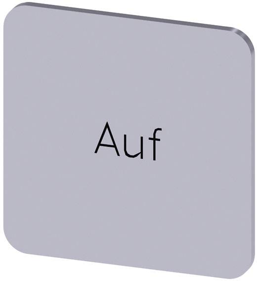Quadratische Metallplatte mit abgerundeten Ecken, Aufschrift 'Auf'.