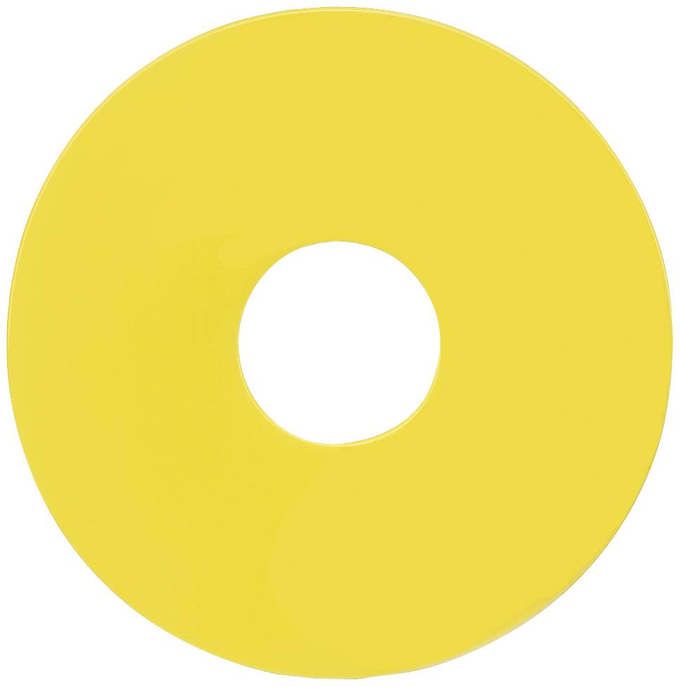 Runde gelbe Form mit einem zentralen Loch, ähnelt einem Donut oder einer Scheibe. Glatte Oberfläche, einfache geometrische Darstellung.