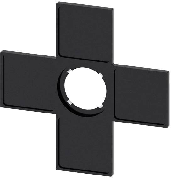 Ein schwarzes Kreuz mit abgerundeten Ecken und einem zentralen kreisförmigen Loch.