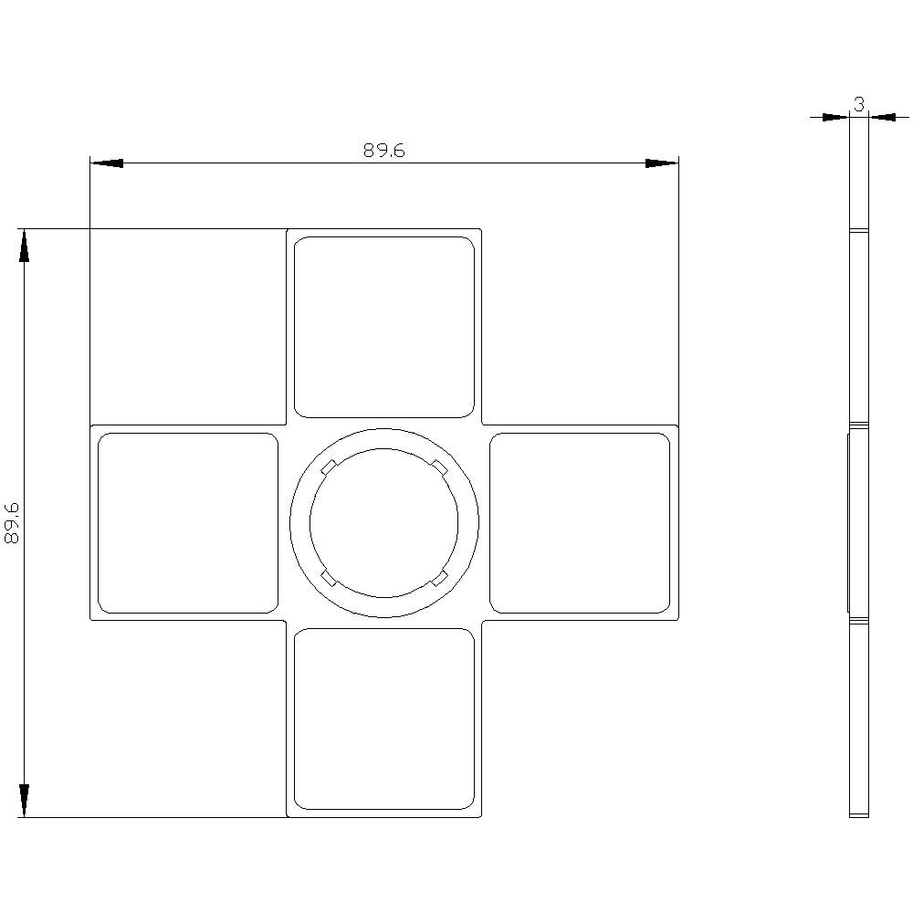 Technische Zeichnung eines Lüftungsgitters mit vier gleichmäßig verteilten quadratischen Öffnungen und mittigem runden Auslass. Maße: 89,6 x 89,6 mm.