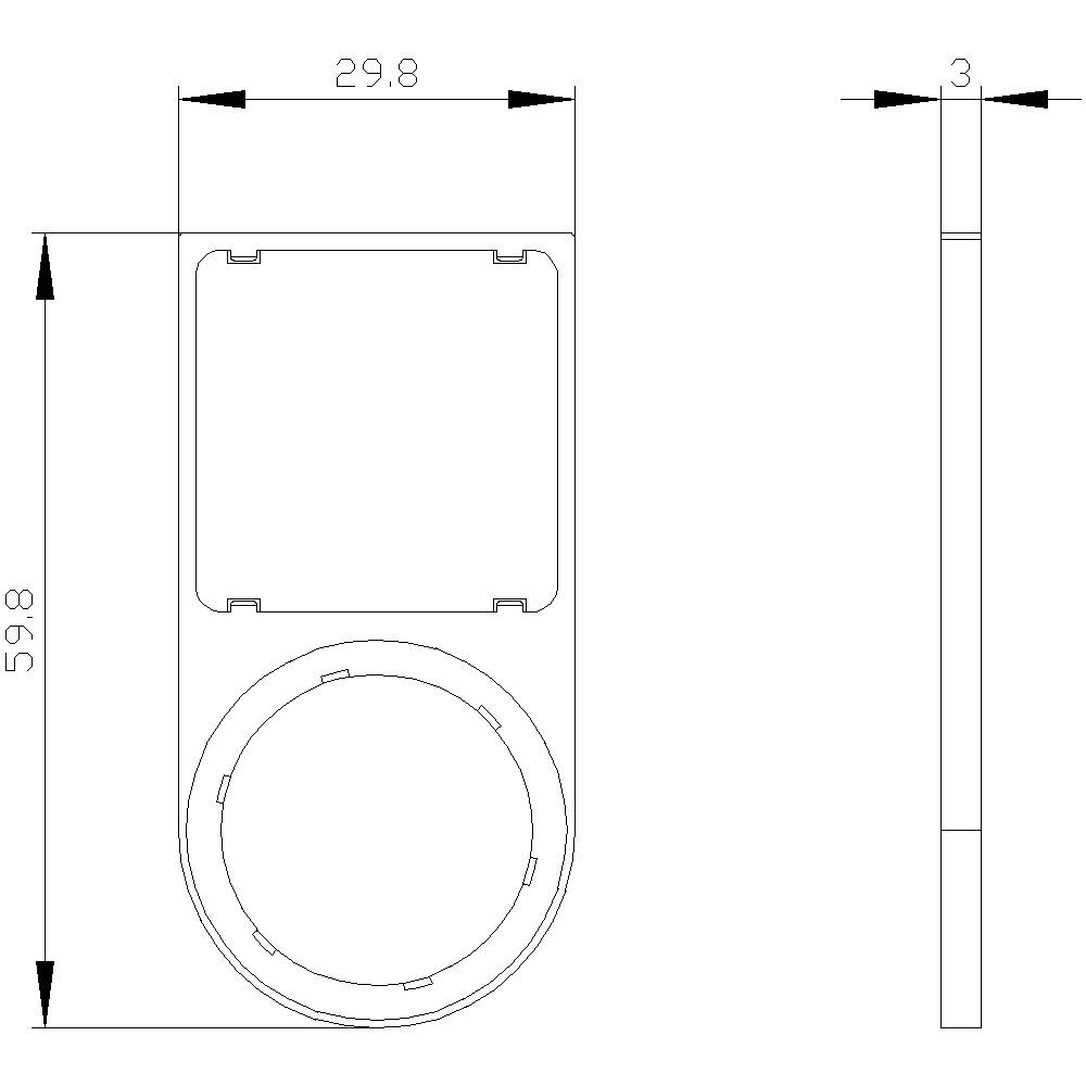 Technische Zeichnung eines rechteckigen Objekts mit Maßen: 29,8 x 59,8 mm und 3 mm Dicke, zeigt Vorder- und Seitenansicht.