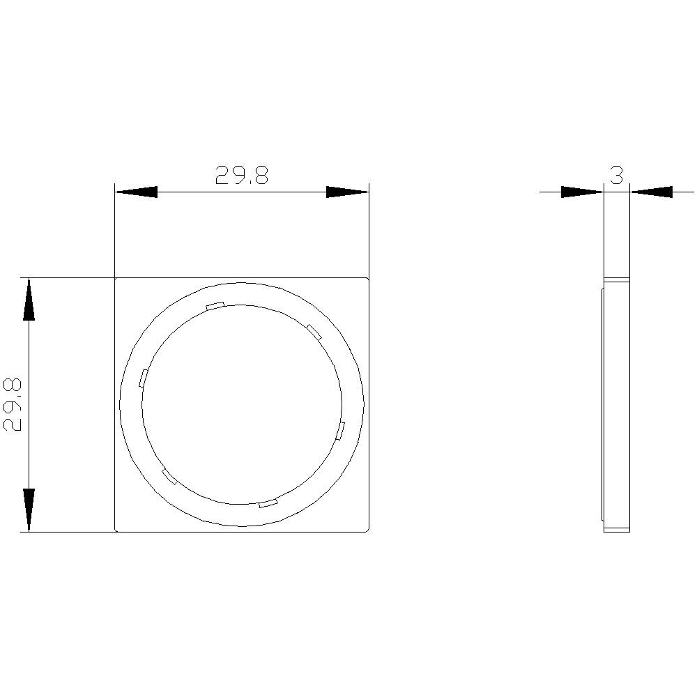 Technische Zeichnung eines quadratischen Objekts mit kreisförmiger Öffnung. Maße: 29,8 x 29,8 x 3. Seiten- und Frontansicht.
