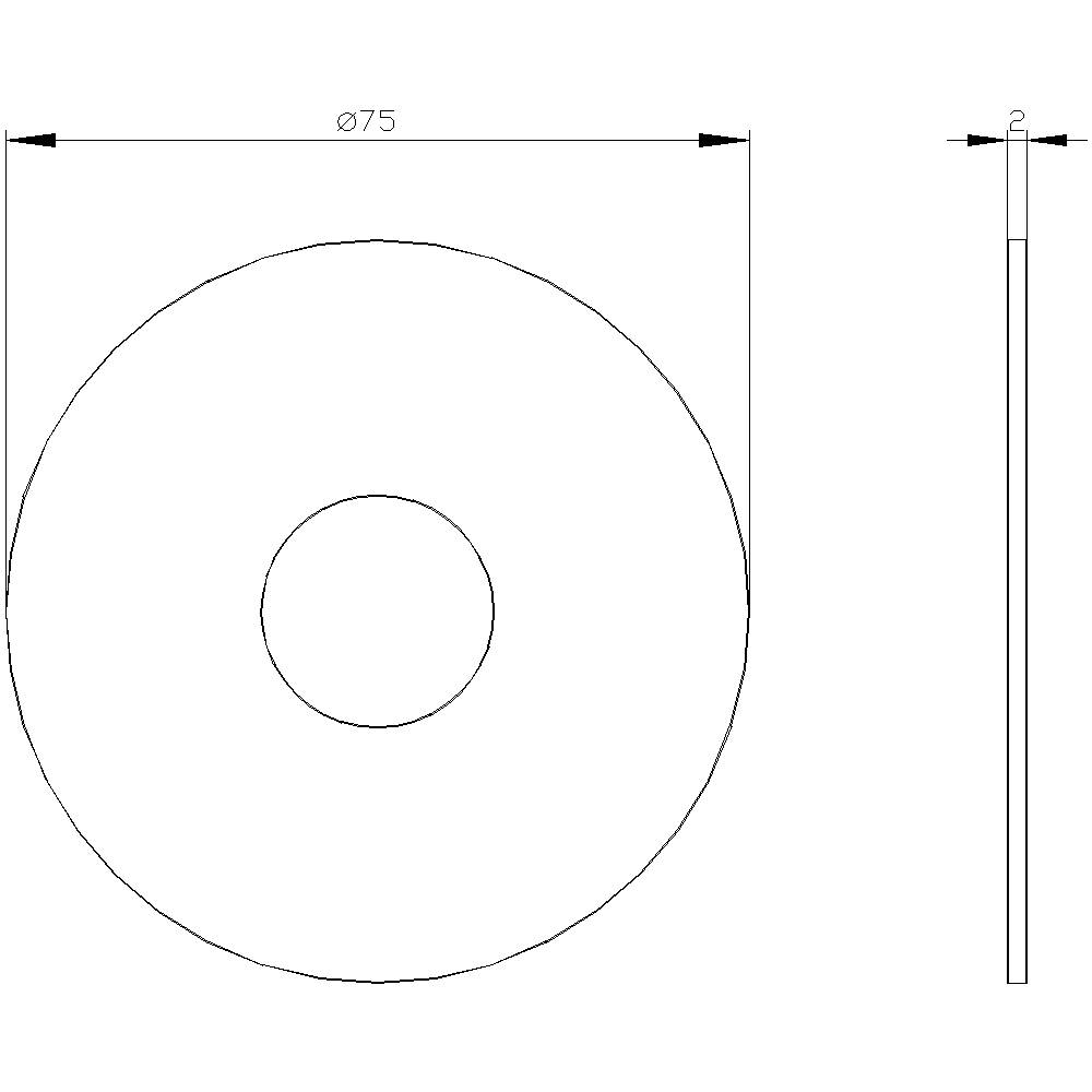 Technische Zeichnung einer Scheibe mit Ø75 mm Durchmesser und 2 mm Dicke, Seiten- und Draufsicht.