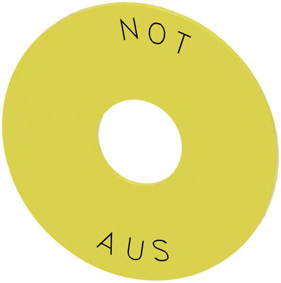 Gelber runder Not-Aus-Anschlagknopf, mit der Aufschrift 'NOT AUS'.