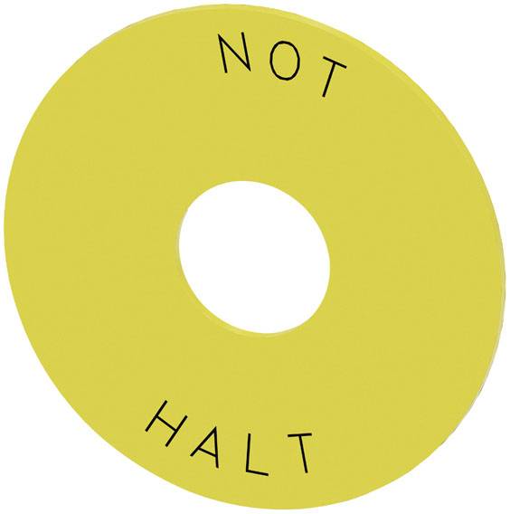 Gelbes Scheibenetikett mit Text 'NOT HALT', vermutlich als Kennzeichnung oder Hinweis verwendet.