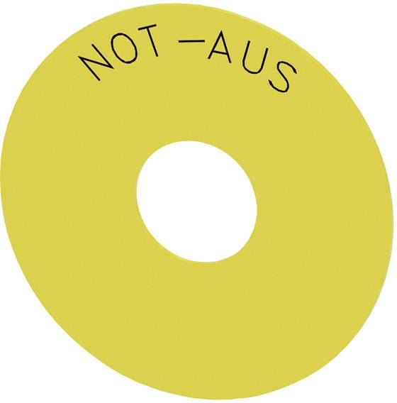 Gelbes Schild in Form eines Donuts mit der Aufschrift 'NOT-AUS', typisch für Notabschaltungen in Maschinen oder Anlagen.