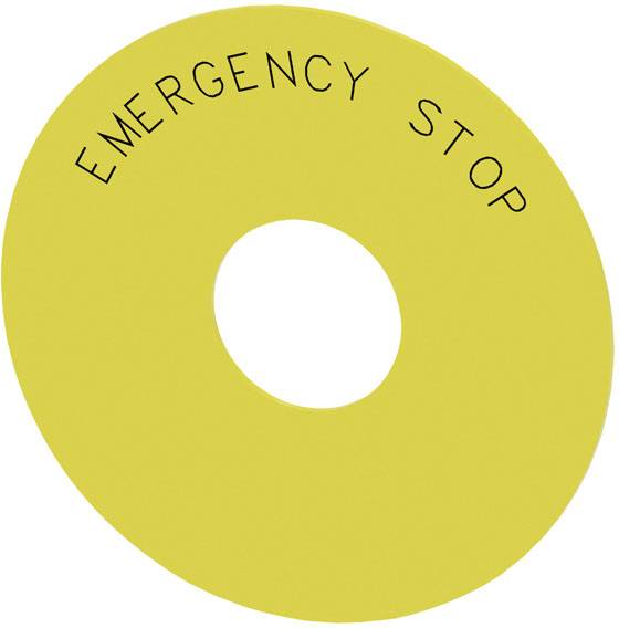 Gelber Kreis mit dem Text 'EMERGENCY STOP' oben. Symbolisiert eine Not-Aus-Funktion, häufig bei Maschinen zur sofortigen Deaktivierung.