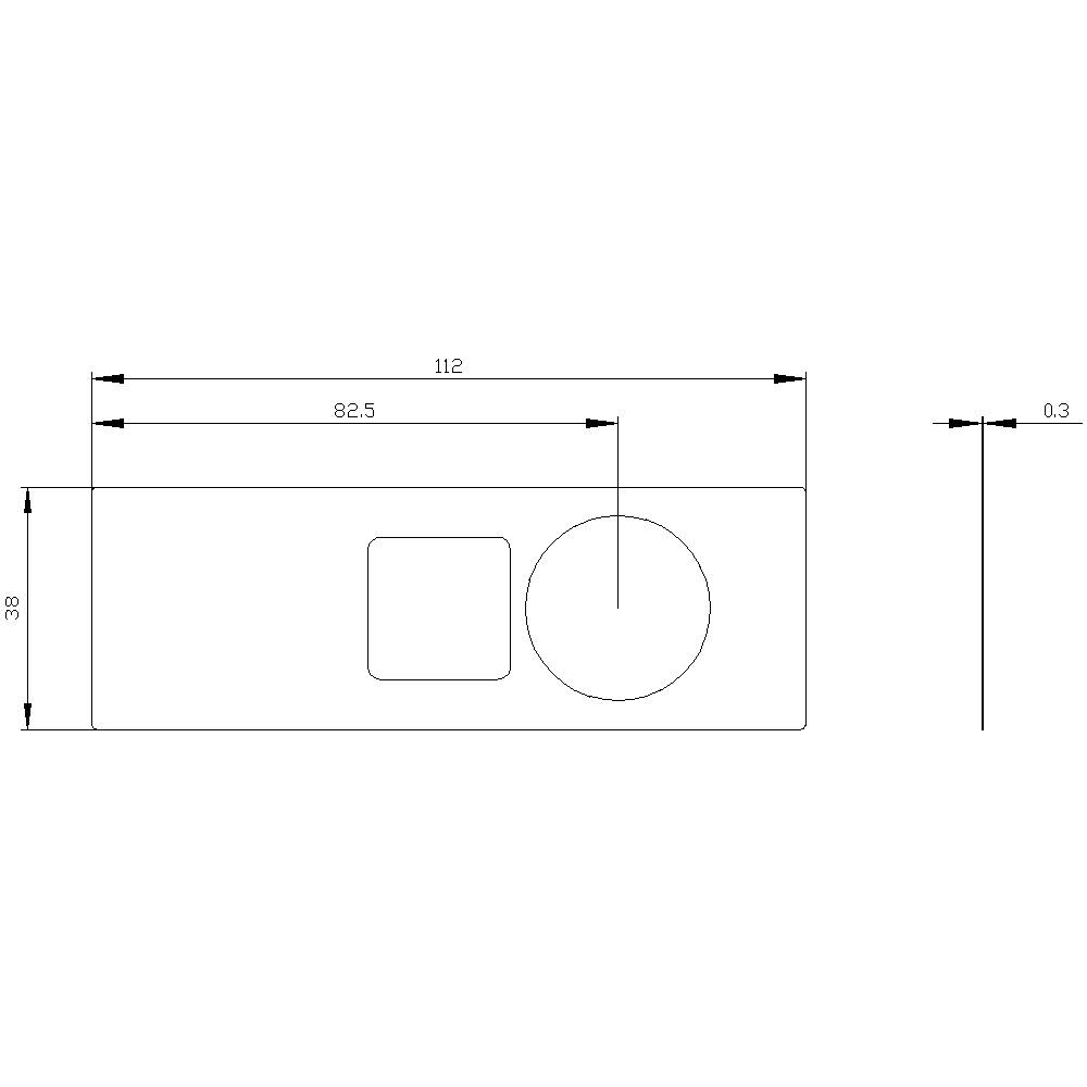 Technische Zeichnung eines rechteckigen Objekts mit Quadratischer und runder Aussparung. Maße: Länge 112, Breite 38,5.