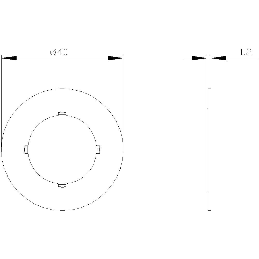 Technische Zeichnung eines runden Objekts mit einem Durchmesser von 40 mm und einer Dicke von 1,2 mm. Draufsicht und Seitenansicht gezeigt.