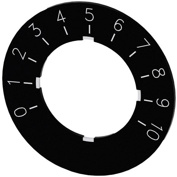 Schwarze, runde Skala mit den Zahlen 0 bis 10, die gleichmäßig entlang des Randes verteilt sind.