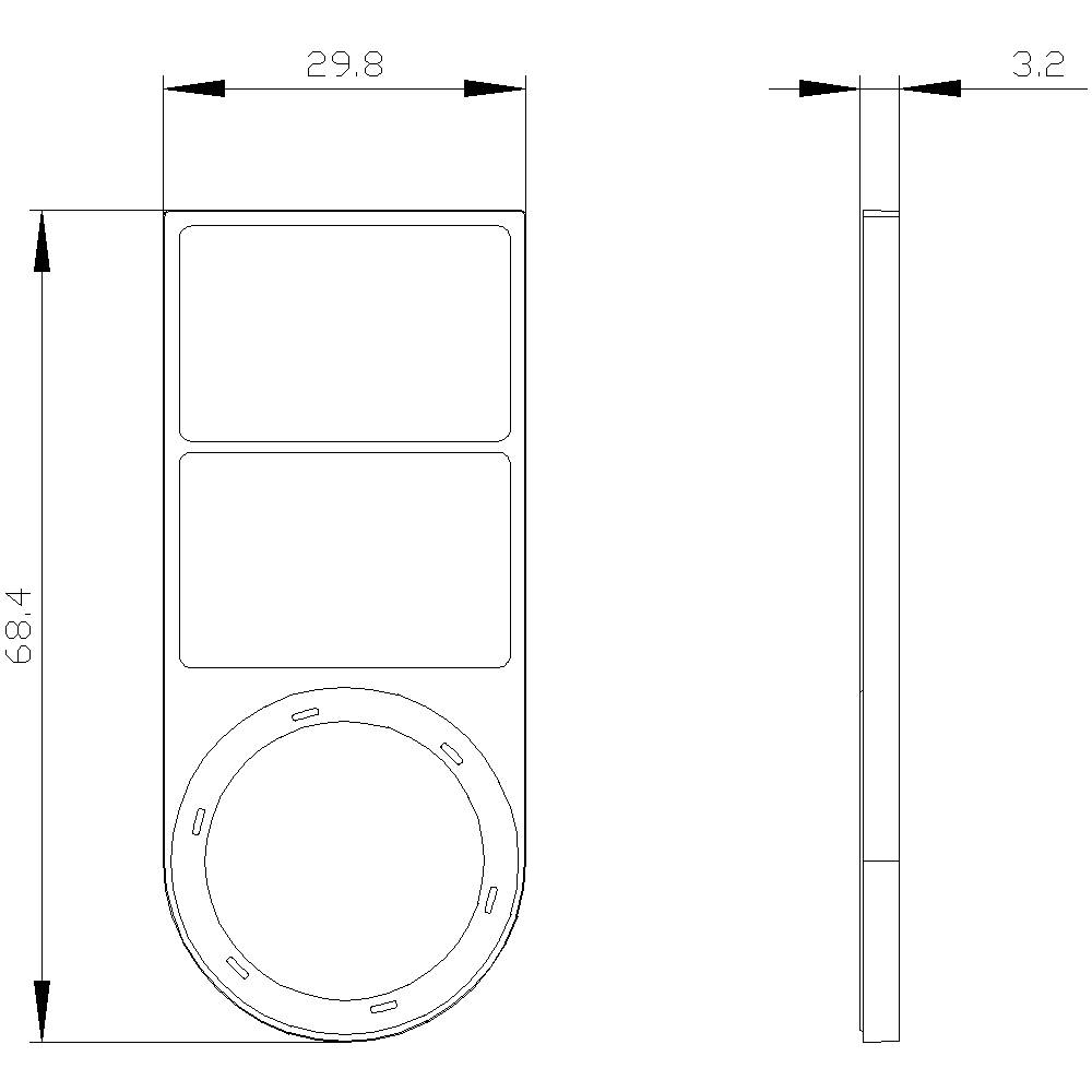 Grundriss einer Fernbedienung mit Tasten und Drehknopf. Maße: 68,4 x 29,8 x 3,2 mm. Frontal- und Seitenansicht dargestellt.