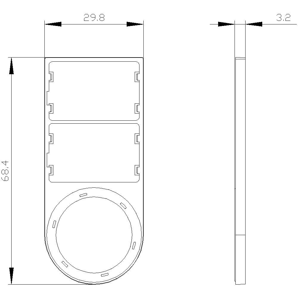Zeichnung eines rechteckigen Objekts mit runden Löchern; Maße: 29,8 mm x 68,4 mm; Dicke: 3,2 mm.