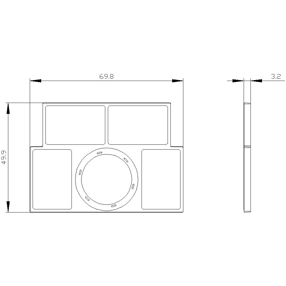 Technische Zeichnung eines rechteckigen Objekts mit Maßen: 69,8 mm Breite, 49,9 mm Höhe, 3,2 mm Tiefe. Runde und rechteckige Elemente.