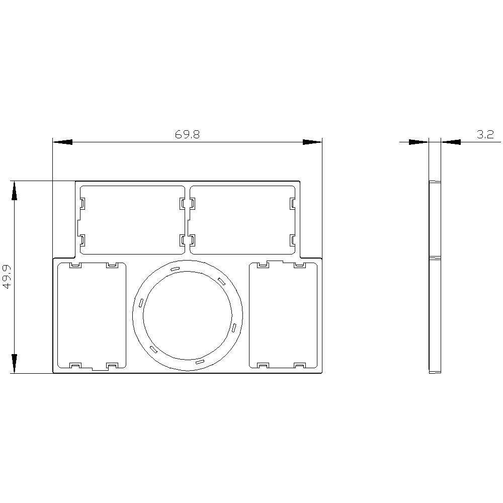 Technische Zeichnung einer rechteckigen Montageplatte mit kreisförmiger Öffnung in der Mitte. Maße: 69,8 x 49,9 mm, Dicke: 3,2 mm.