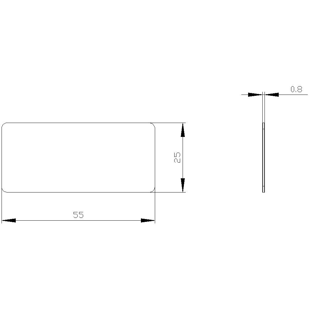Standardrechteck mit abgerundeten Ecken. Abmessungen: 55 mm x 25 mm x 0,8 mm. Diagrammansicht zeigt Vorder- und Seitenansicht.