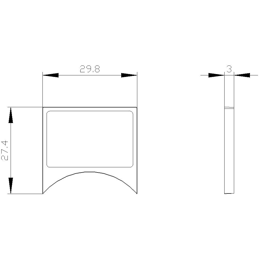 Technische Zeichnung eines rechteckigen Objekts mit Maßen: Breite 29,8, Höhe 27,4, Dicke 3. Zeigt Vorder- und Seitenansicht.