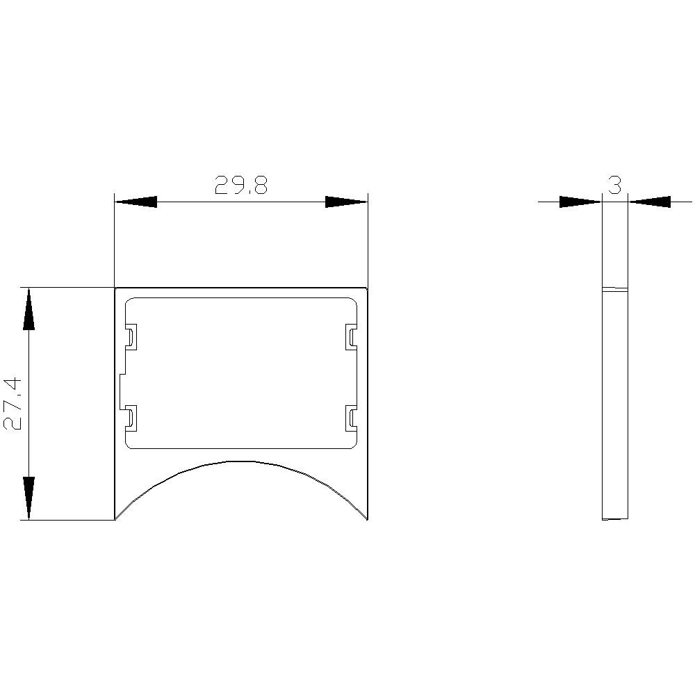 Zeichnung eines rechteckigen Objekts mit Maßen: Breite 29,8 mm, Höhe 27,4 mm und Tiefe 3 mm.
