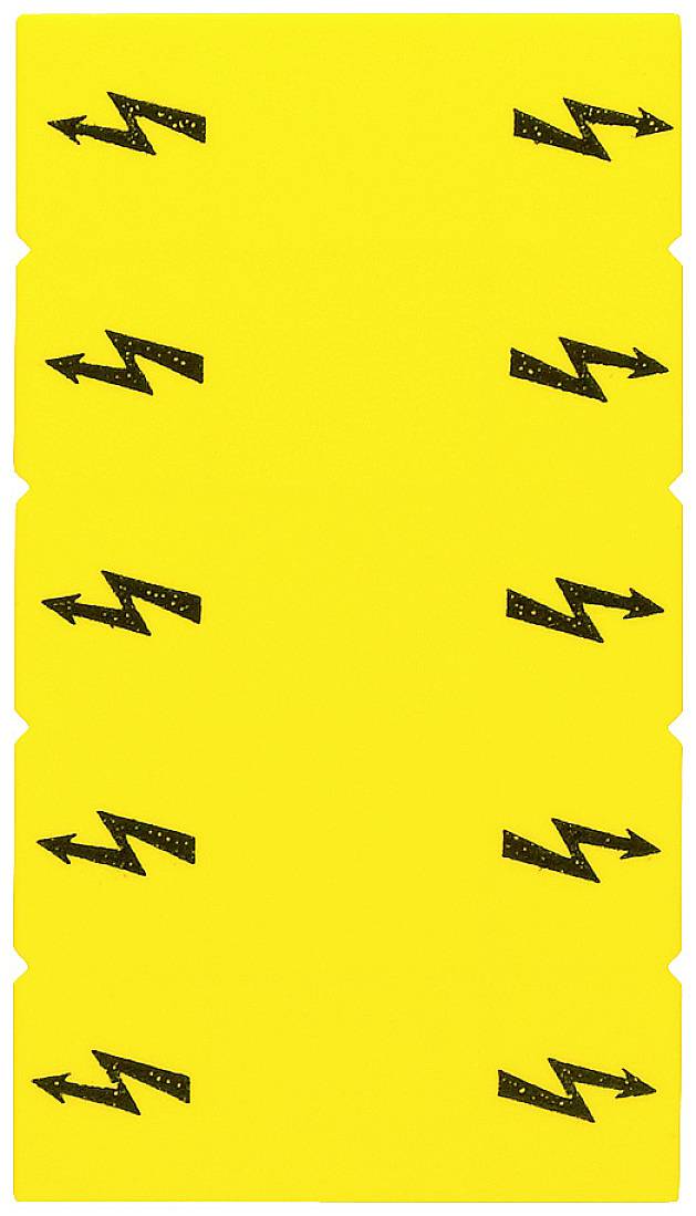 Gelbes Schild mit schwarzen Blitzsymbolen, die nach links zeigen. Symbolisiert elektrische Gefahr oder Spannung.
