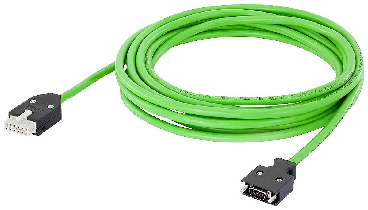 Ein grünes Datenkabel mit einem 9-poligen Stecker auf der einen und einem 10-poligen Stecker auf der anderen Seite.