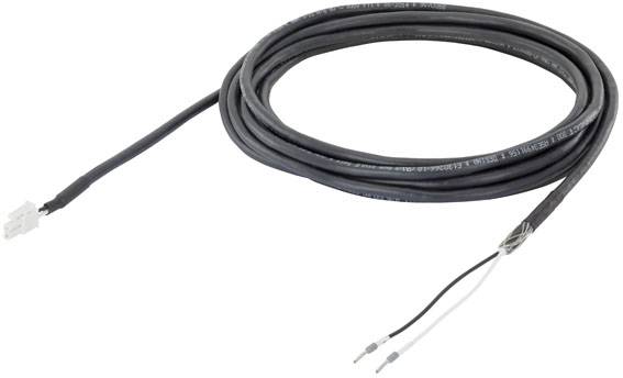 Ein langes schwarzes Kabel mit einem weißen Steckverbinder und zwei losen Drahtenden. Es wird oft für elektrische Verbindungen verwendet.