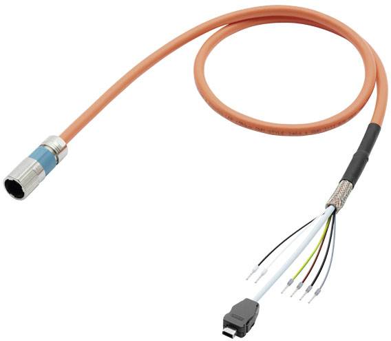 Ein orangefarbenes Kabel mit einem runden Metallstecker an einem Ende und freiliegenden, farbigen Drähten am anderen Ende.